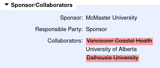 Sponsors/collaborators for the trial. The collaborators list contains Vancouver Coastal Health, University of Alberta and Dalhousie University. All but University of Alberta have been struck out.