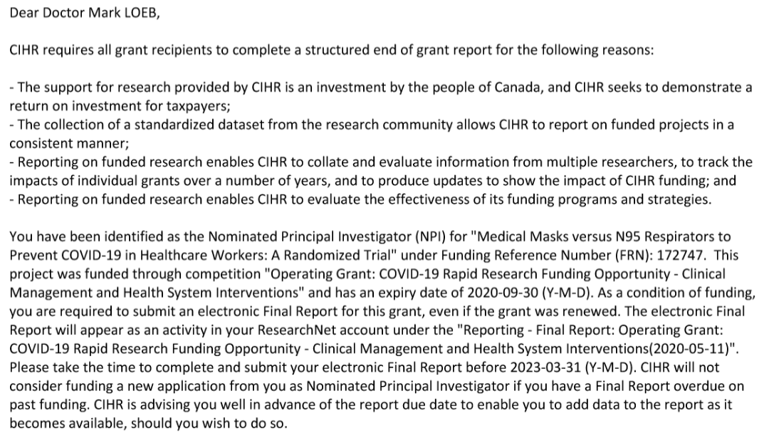 Email from CIHR to primary investigator of the trial explaining that final report for the study must be submitted by 2023-03-31.